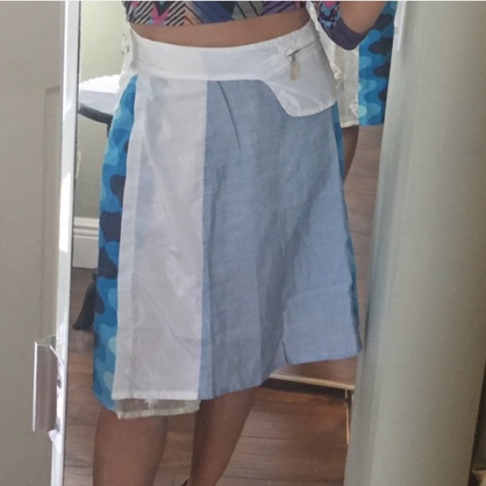Custo Barcelona Designer Unique and Chic Blue White Wrap Midi Style Skirt